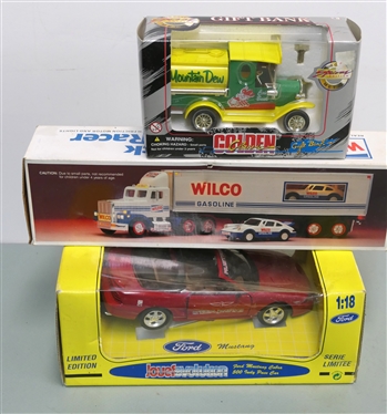 Jouef Evolution Ford Mustang Model Car, Wilco Toy and Truck in Original Box, and Golden Mountain Dew Gift Bank in Original Box