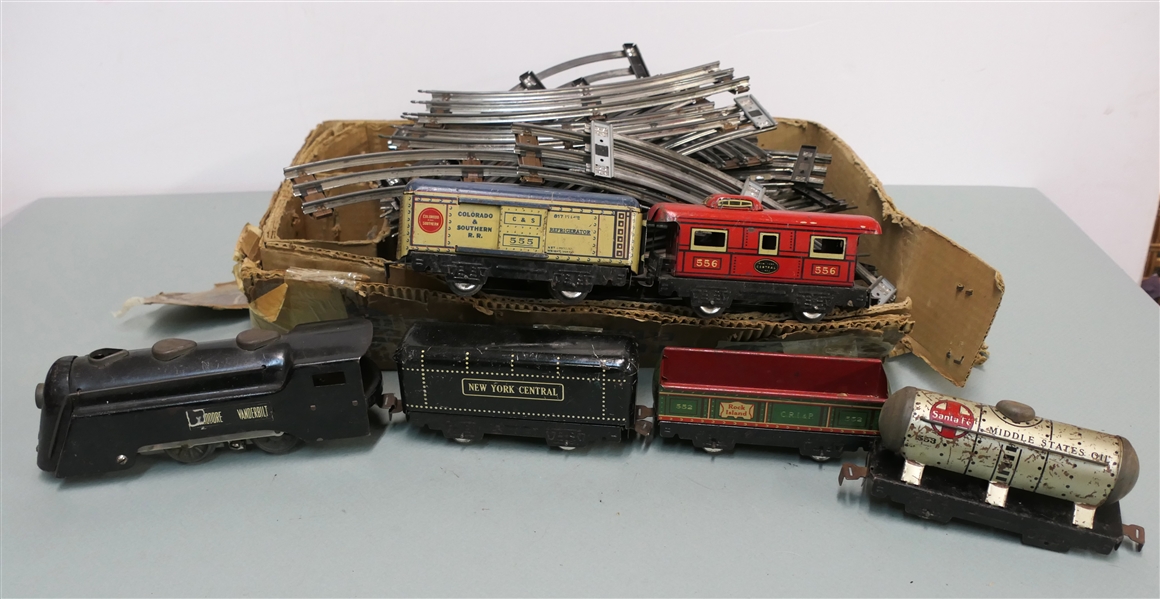Marx Tin Litho Train Set - New York Central Lines "Commodore Vanderbilt" Engine, Rock Island Car, Tanker, Caboose, Other Cars, Track, and Transformer