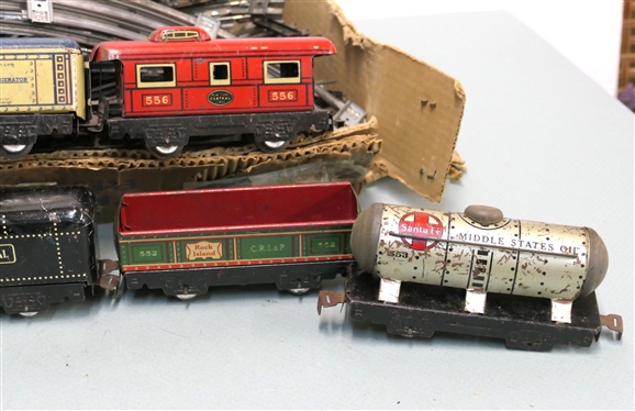 Marx Tin Litho Train Set - New York Central Lines Commodore Vanderbilt Engine, Rock Island Car, Tanker, Caboose, Other Cars, Track, and Transformer