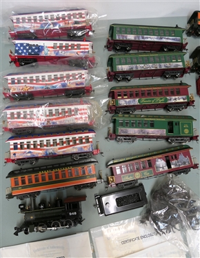 19 Pieces of Bachmann O Gauge Trains, Engine, Cars, and Accessories - Thomas Kinkade - Hawthorn Village Christmas Express Train Cars with Certificates, Hawthorn Village Spirit of America Train...