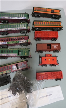 19 Pieces of Bachmann O Gauge Trains, Engine, Cars, and Accessories - Thomas Kinkade - Hawthorn Village Christmas Express Train Cars with Certificates, Hawthorn Village Spirit of America Train...