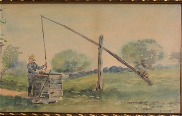 Original 1930''s Watercolor Painting of Woman in Door with Man At Well - Signed TRW in Lower Right Corner - Framed - Frame Measures 9 1/2 by 19 1/2 