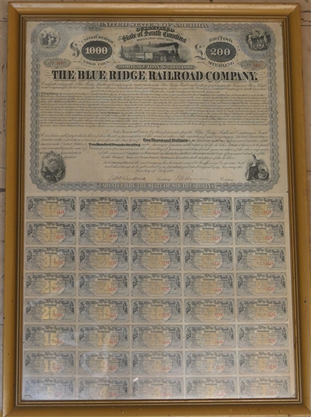  State of South Carolina Mortgage Loan -  Under Acts 1854 & 1868 -  The Blue Ridge Railroad Company  - Stock and Loan Certificate - NO. 3416 - Full Uncut Sheet - Railroad Stock Certificate ...