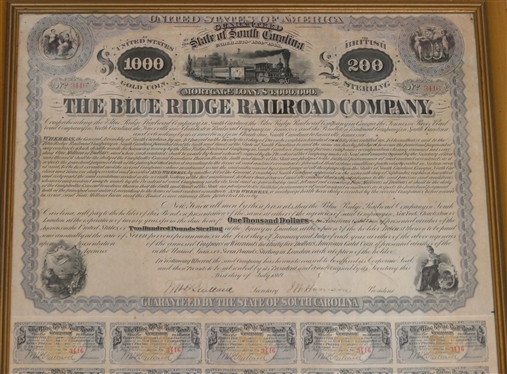  State of South Carolina Mortgage Loan -  Under Acts 1854 & 1868 -  The Blue Ridge Railroad Company  - Stock and Loan Certificate - NO. 3416 - Full Uncut Sheet - Railroad Stock Certificate ...