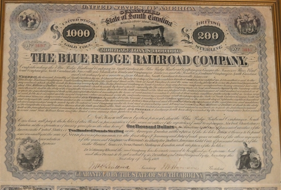  State of South Carolina Mortgage Loan -  Under Acts 1854 & 1868 -  The Blue Ridge Railroad Company  - Stock and Loan Certificate - NO. 3416 - Full Uncut Sheet - Railroad Stock Certificate ...