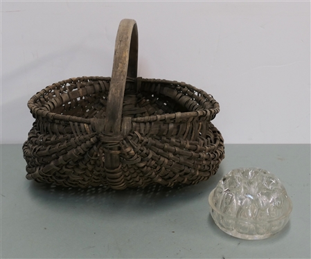Very Unusual Glass Flower Frog and Well Used Oak Splint Egg / Buttocks Basket - Frog Measures 3 Tall 4 across''