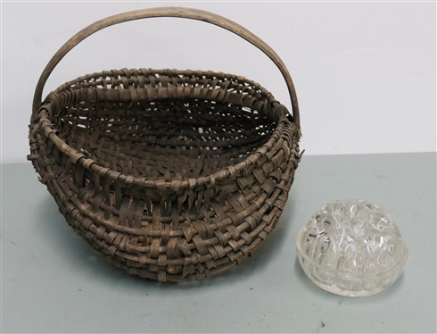 Very Unusual Glass Flower Frog and Well Used Oak Splint Egg / Buttocks Basket - Frog Measures 3 Tall 4 across''