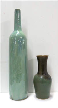 2 Art Pottery Vases - Smaller Signed Fenberg ''85 - with Green and Brown Glaze - 10 1/4 Tall and Large Seafoam Green Measuring 21 Tall 