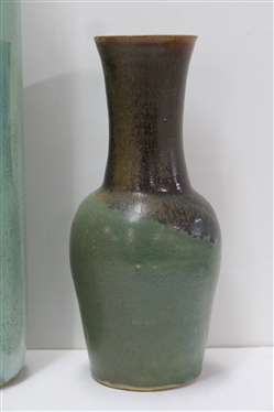 2 Art Pottery Vases - Smaller Signed Fenberg ''85 - with Green and Brown Glaze - 10 1/4 Tall and Large Seafoam Green Measuring 21 Tall 