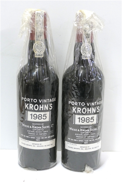 2 Bottles - Porto Vintage Krohns 1985 Wine - Shipped by Wiese & Krohn, Sucrs.,Lda - Produce of Portugal - Imported by Paloma Imports Inc. Bellevue, WA - Quality and Storage of Wine Unknown