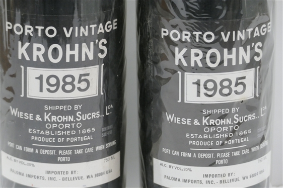 2 Bottles - Porto Vintage Krohn''s 1985 Wine - Shipped by Wiese & Krohn, Sucrs.,Lda - Produce of Portugal - Imported by Paloma Imports Inc. Bellevue, WA - Quality and Storage of Wine Unknown