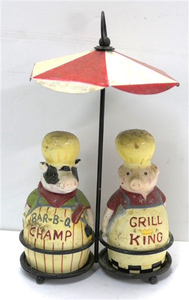 Very Cute Cow "Bar-B-Q Champ" and Pig "Grill King" Salt and Pepper Holders in Umbrella Holder - Shakers Measure 5 1/2" Tall 