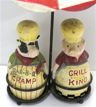 Very Cute Cow Bar-B-Q Champ and Pig Grill King Salt and Pepper Holders in Umbrella Holder - Shakers Measure 5 1/2 Tall 