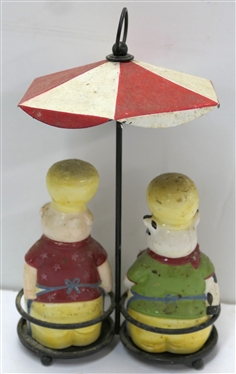Very Cute Cow Bar-B-Q Champ and Pig Grill King Salt and Pepper Holders in Umbrella Holder - Shakers Measure 5 1/2 Tall 