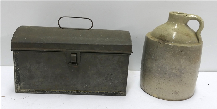7 Stone Jug and Rounded Top Tin Box - Remnants of Black and Gold Paint - Box Measures 5 Tall 8 1/2 by 3 3/4 