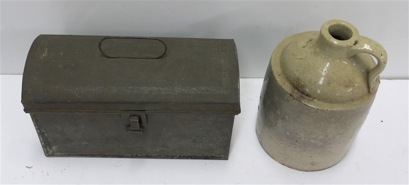 7 Stone Jug and Rounded Top Tin Box - Remnants of Black and Gold Paint - Box Measures 5 Tall 8 1/2 by 3 3/4 