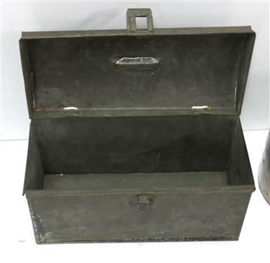 7 Stone Jug and Rounded Top Tin Box - Remnants of Black and Gold Paint - Box Measures 5 Tall 8 1/2 by 3 3/4 