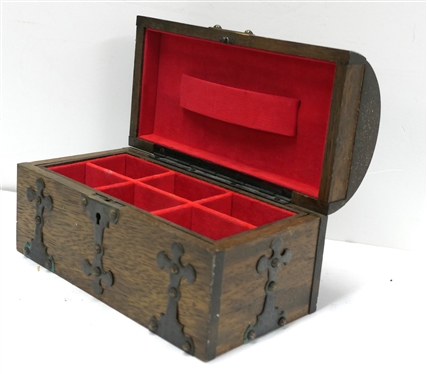 Wooden Treasure Chest Jewelry Box - Metal Décor - Red Velvet Lined Interior - Made in Japan - Box Measures 5 tall 8 3/4 by 5 1/2 