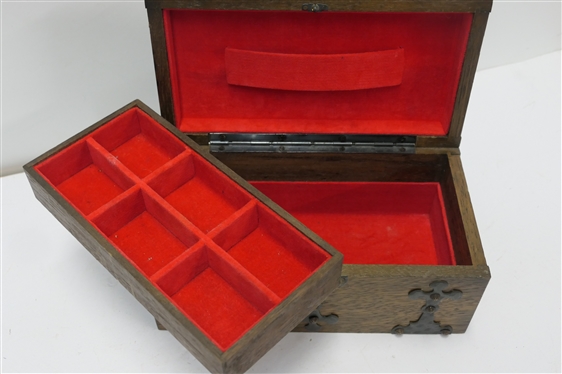 Wooden Treasure Chest Jewelry Box - Metal Décor - Red Velvet Lined Interior - Made in Japan - Box Measures 5 tall 8 3/4 by 5 1/2 