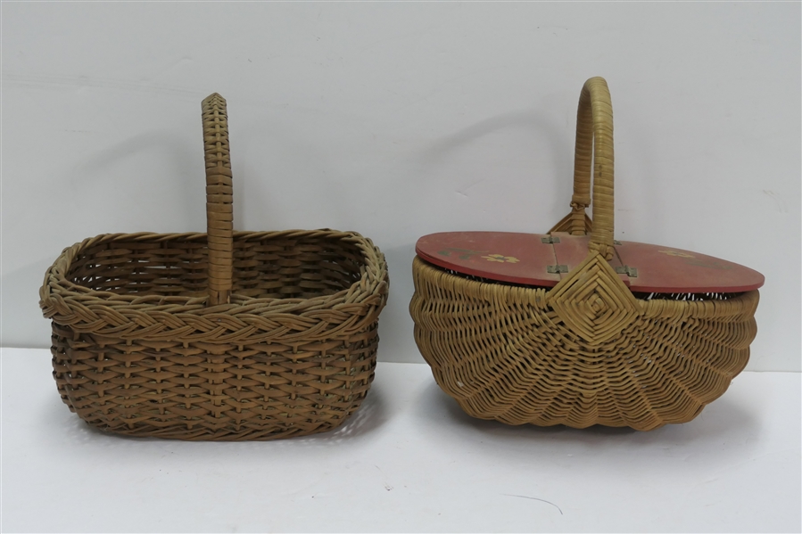 2 Nice Small Baskets - Oval with Hand Painted Red Lid and Elongated with Braided Trim -  Lidded Basket is 5" tall 9" by 6 1/2" - Not Including Handle