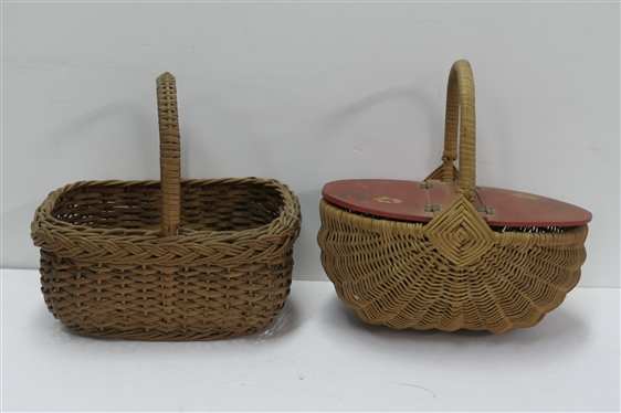 2 Nice Small Baskets - Oval with Hand Painted Red Lid and Elongated with Braided Trim -  Lidded Basket is 5 tall 9 by 6 1/2 - Not Including Handle