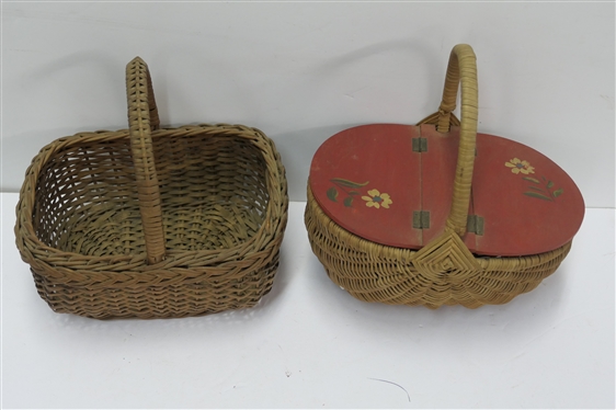 2 Nice Small Baskets - Oval with Hand Painted Red Lid and Elongated with Braided Trim -  Lidded Basket is 5 tall 9 by 6 1/2 - Not Including Handle