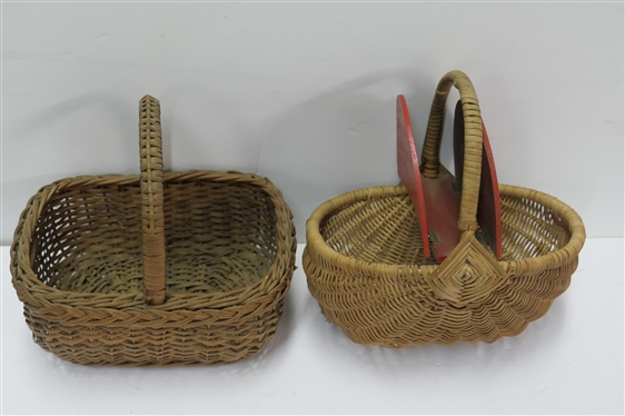2 Nice Small Baskets - Oval with Hand Painted Red Lid and Elongated with Braided Trim -  Lidded Basket is 5 tall 9 by 6 1/2 - Not Including Handle