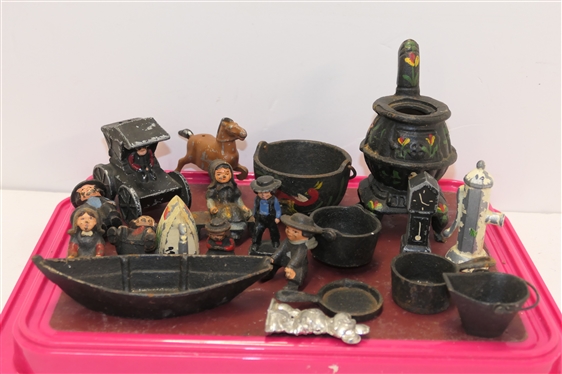 Collection of Vintage Miniature Iron Figures and Trinkets - Canoe, Frying an, Amish Children Figures, Stove, Pots, Clock, Carriage, Horse, and Well Hydrant Pump - Carriage is 2 1/2 Tall 3 Long