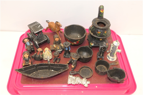 Collection of Vintage Miniature Iron Figures and Trinkets - Canoe, Frying an, Amish Children Figures, Stove, Pots, Clock, Carriage, Horse, and Well Hydrant Pump - Carriage is 2 1/2 Tall 3 Long