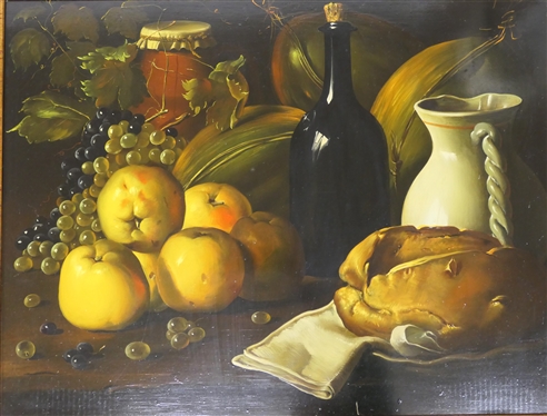 Very Well Done Still Life Painting on Board - Fruits, Bread, and Wine - Nicely Framed  - Very Heavy - Frame Measures  26 by 32