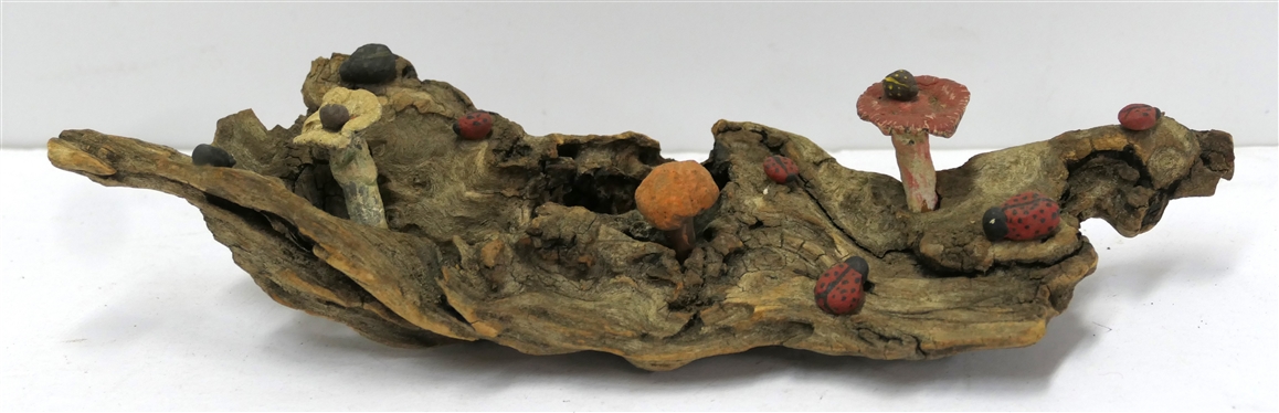 Driftwood Folk Art - Natural Drift Wood with Hand Carved and Painted Mushrooms and Insects  -  Red, Black, and Yellow Lady Bugs - Wood Measures 10 Long 3 Wide