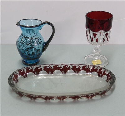 Oval Ruby Red Cut to Clear Dish, Ruby Flash Cordial, and Bright Blue Silver Overlay Miniature Pitcher - Cordial is 4 1/4 Tall, Blue Pitcher is 3 1/2 Tall - Oval Dish is 7 1/2 Long