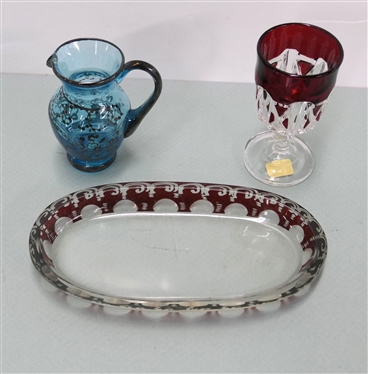 Oval Ruby Red Cut to Clear Dish, Ruby Flash Cordial, and Bright Blue Silver Overlay Miniature Pitcher - Cordial is 4 1/4 Tall, Blue Pitcher is 3 1/2 Tall - Oval Dish is 7 1/2 Long