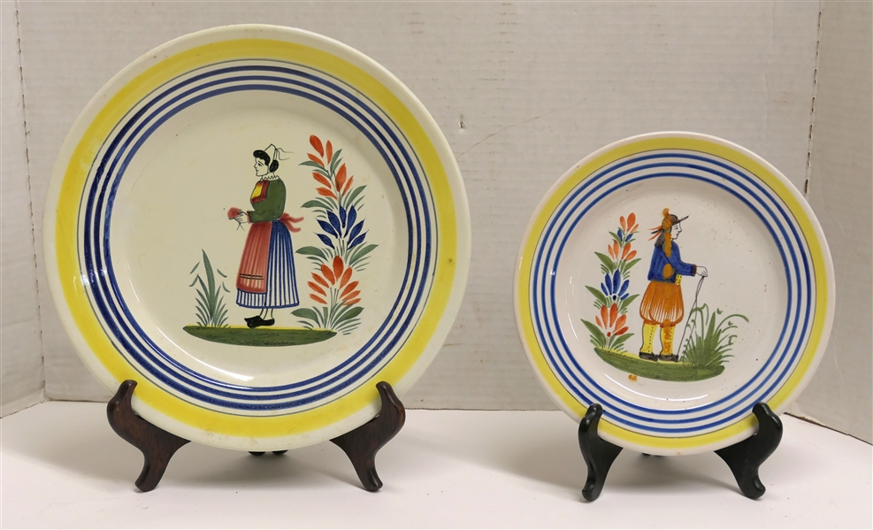 2 Quimper Hand Painted French Pottery Plates - 8 1/8" Number 96 and 10 1/2" Plate Numbered 1 BIS 