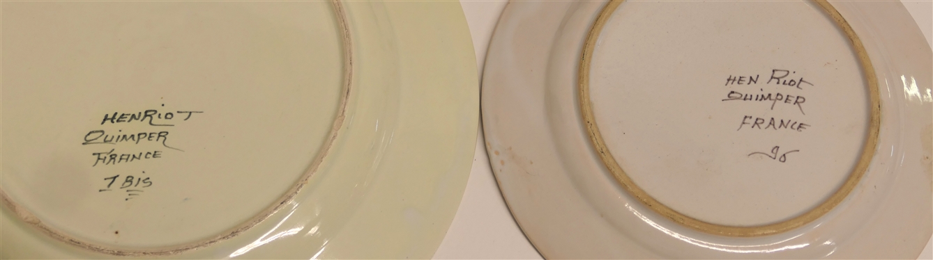 2 Quimper Hand Painted French Pottery Plates - 8 1/8 Number 96 and 10 1/2 Plate Numbered 1 BIS 