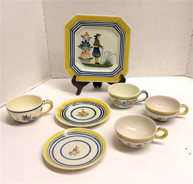 7 Pieces of Quimper Hand Painted French Pottery - 2 Cup and Saucer Sets, 2 Cups and 1 Plate Number 72 - One Saucer Has Some Glaze Flaking - Plate is 8 3/4" Across