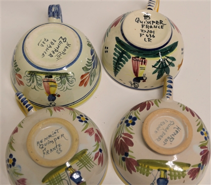 7 Pieces of Quimper Hand Painted French Pottery - 2 Cup and Saucer Sets, 2 Cups and 1 Plate Number 72 - One Saucer Has Some Glaze Flaking - Plate is 8 3/4 Across