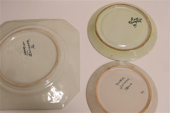7 Pieces of Quimper Hand Painted French Pottery - 2 Cup and Saucer Sets, 2 Cups and 1 Plate Number 72 - One Saucer Has Some Glaze Flaking - Plate is 8 3/4 Across