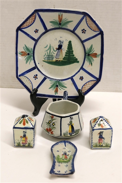 5 Pieces of Quimper Hand Painted French Pottery - Salt and Pepper Shakers #1053, Hexagon Shaped Cup , Small Fish Shaped Dish #  22/284, and 7 5/8" Across 