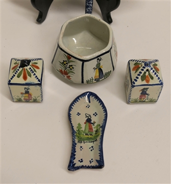5 Pieces of Quimper Hand Painted French Pottery - Salt and Pepper Shakers #1053, Hexagon Shaped Cup , Small Fish Shaped Dish #  22/284, and 7 5/8 Across 