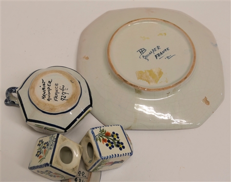 5 Pieces of Quimper Hand Painted French Pottery - Salt and Pepper Shakers #1053, Hexagon Shaped Cup , Small Fish Shaped Dish #  22/284, and 7 5/8 Across 