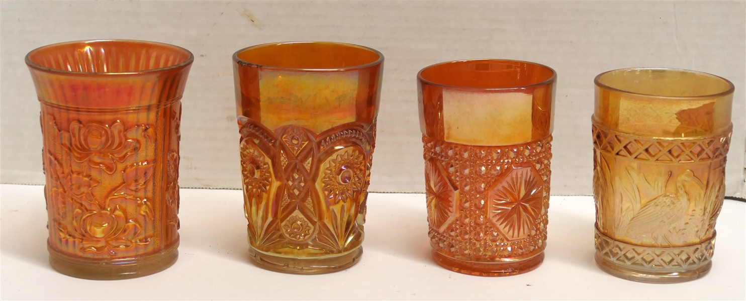 4 Marigold Carnival Glass Tumblers - Stork & Rushes, Imperial Glass, Imperial Star Medallion, and Luster Rose - Glasses Measure Around 4" Tall 