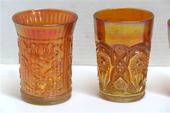 4 Marigold Carnival Glass Tumblers - Stork & Rushes, Imperial Glass, Imperial Star Medallion, and Luster Rose - Glasses Measure Around 4 Tall 