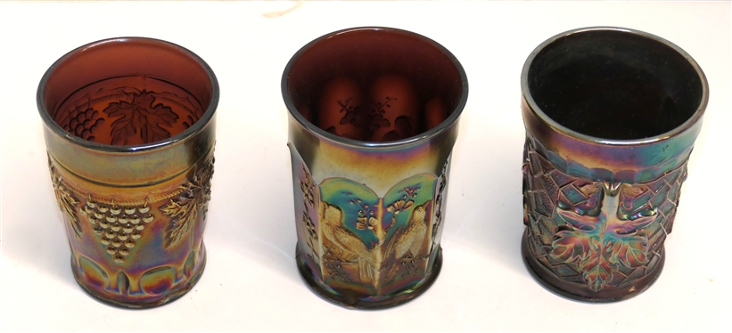 3 Amethyst Carnival Glass Tumblers - Maple Leaf, Northwood Singing Birds , and Grape and Cable - Tiny Nick Along Bottom Edge 