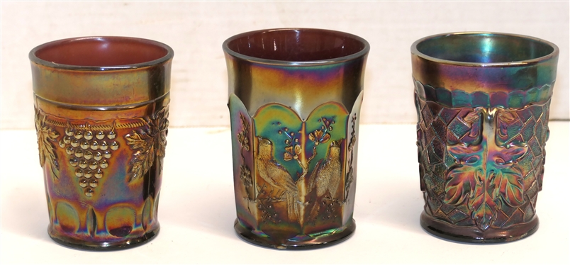 3 Amethyst Carnival Glass Tumblers - Maple Leaf, Northwood Singing Birds , and Grape and Cable - Tiny Nick Along Bottom Edge 