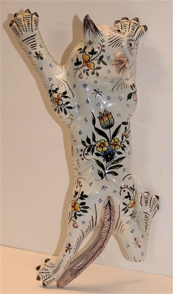 Unusual French Faience  Pottery Figural Cat Wall Pocket / Wall Vase -Glass Eyes - Signed on Back  Measures 11" Long 5" Across 