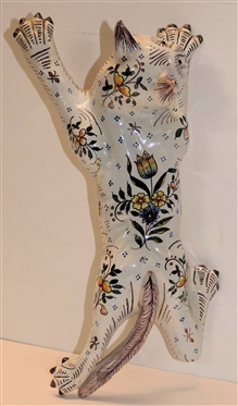 Unusual French Faience  Pottery Figural Cat Wall Pocket / Wall Vase -Glass Eyes - Signed on Back  Measures 11 Long 5 Across 