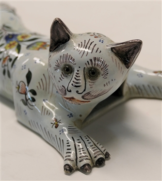 Unusual French Faience  Pottery Figural Cat Wall Pocket / Wall Vase -Glass Eyes - Signed on Back  Measures 11 Long 5 Across 
