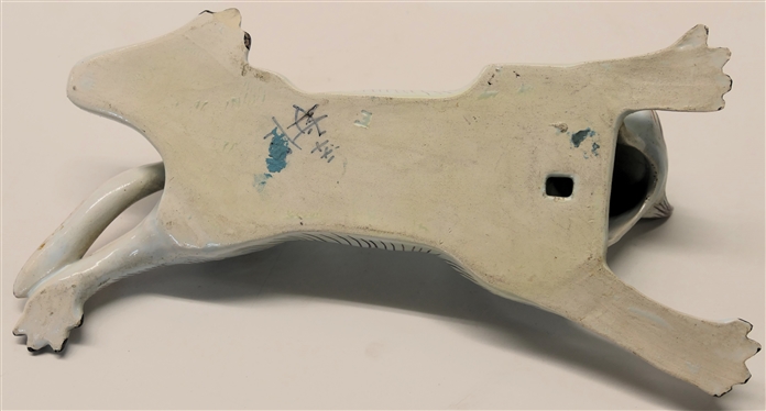 Unusual French Faience  Pottery Figural Cat Wall Pocket / Wall Vase -Glass Eyes - Signed on Back  Measures 11 Long 5 Across 