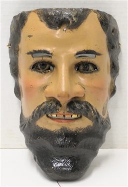 Antique Mexican Folk Art Catrin Dandy Mask - Glass Eyes, Hair Eye Lashes, Movable Eye Lids, and Gold Teeth - Mask Measures 10 by 7 Across - Some Slight Pitting To Side of Face 